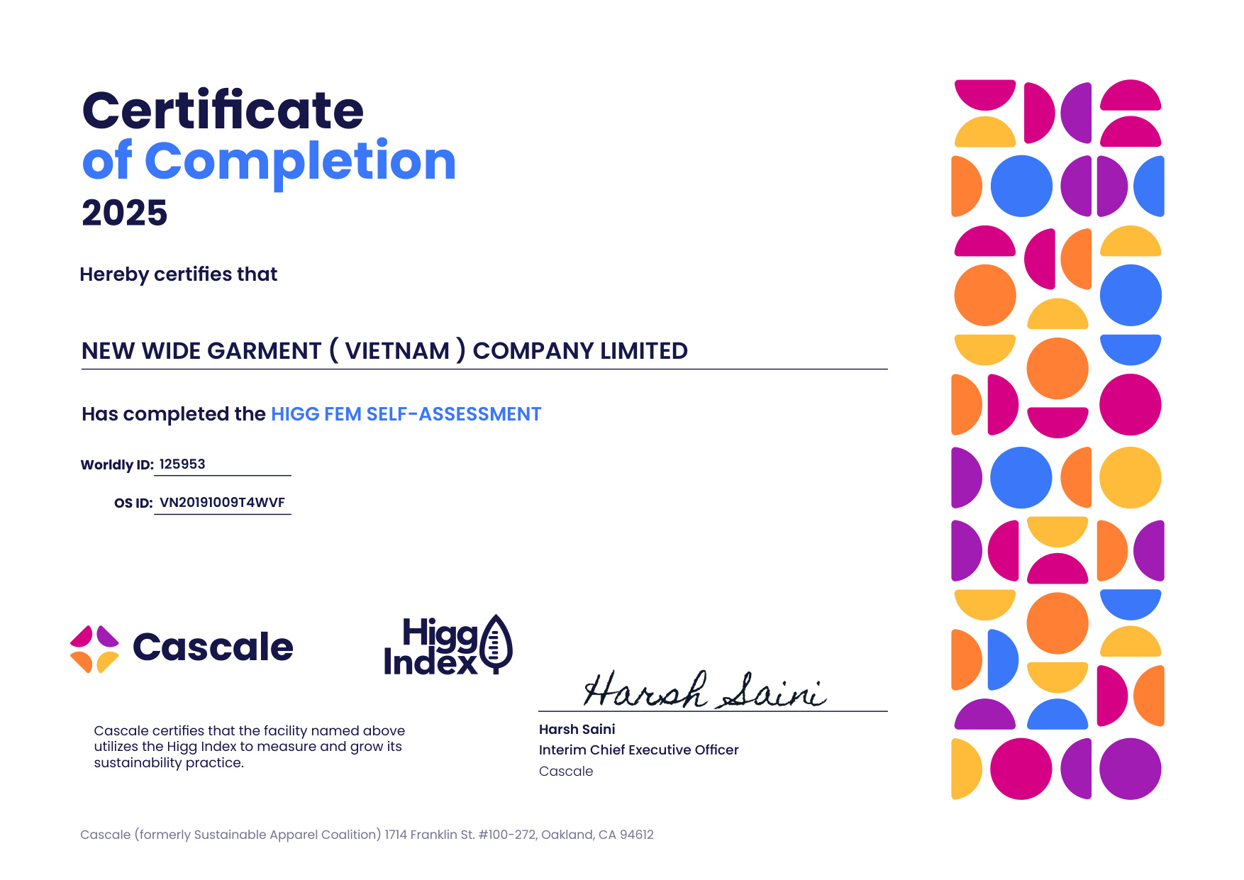 Higg FEM Certificate